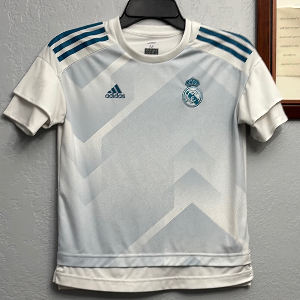 Girls Adidas White and Teal Real Madrid Soccer Jersey